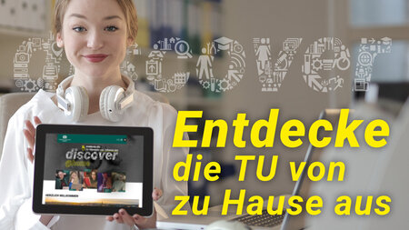 A young women with headphones around her neck holds a tablet computer showing the Study in Chemnitz website.