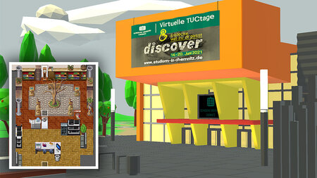 Graphic of showing the outside of the “Virtual Orangerie” and a floor plan of the inside of the building