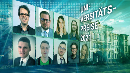 Fotomontage von Porträts von neun Personen vor einem Gebäude.