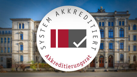 Logo in front of a building facade